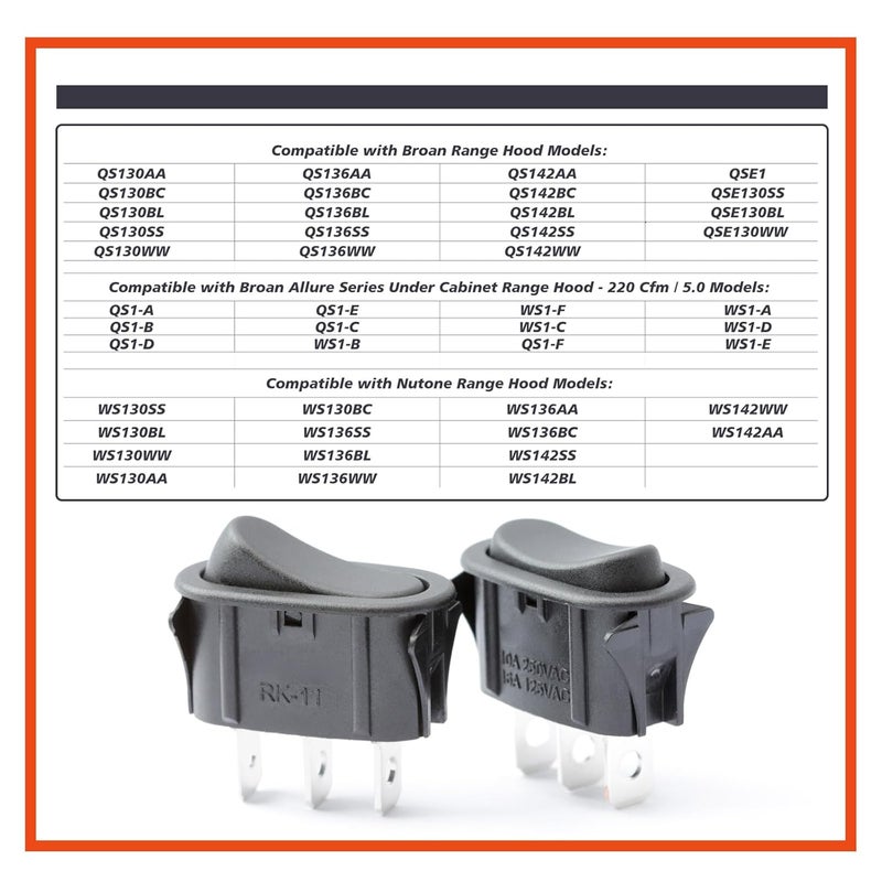 Mhrxusd 2 Pack SR561117 Range Hood Rocker Switch 3 Pin Replacement for Broan for Nutone Range Hood Part Replace R561117 1173058 R56117, Black - Image 3